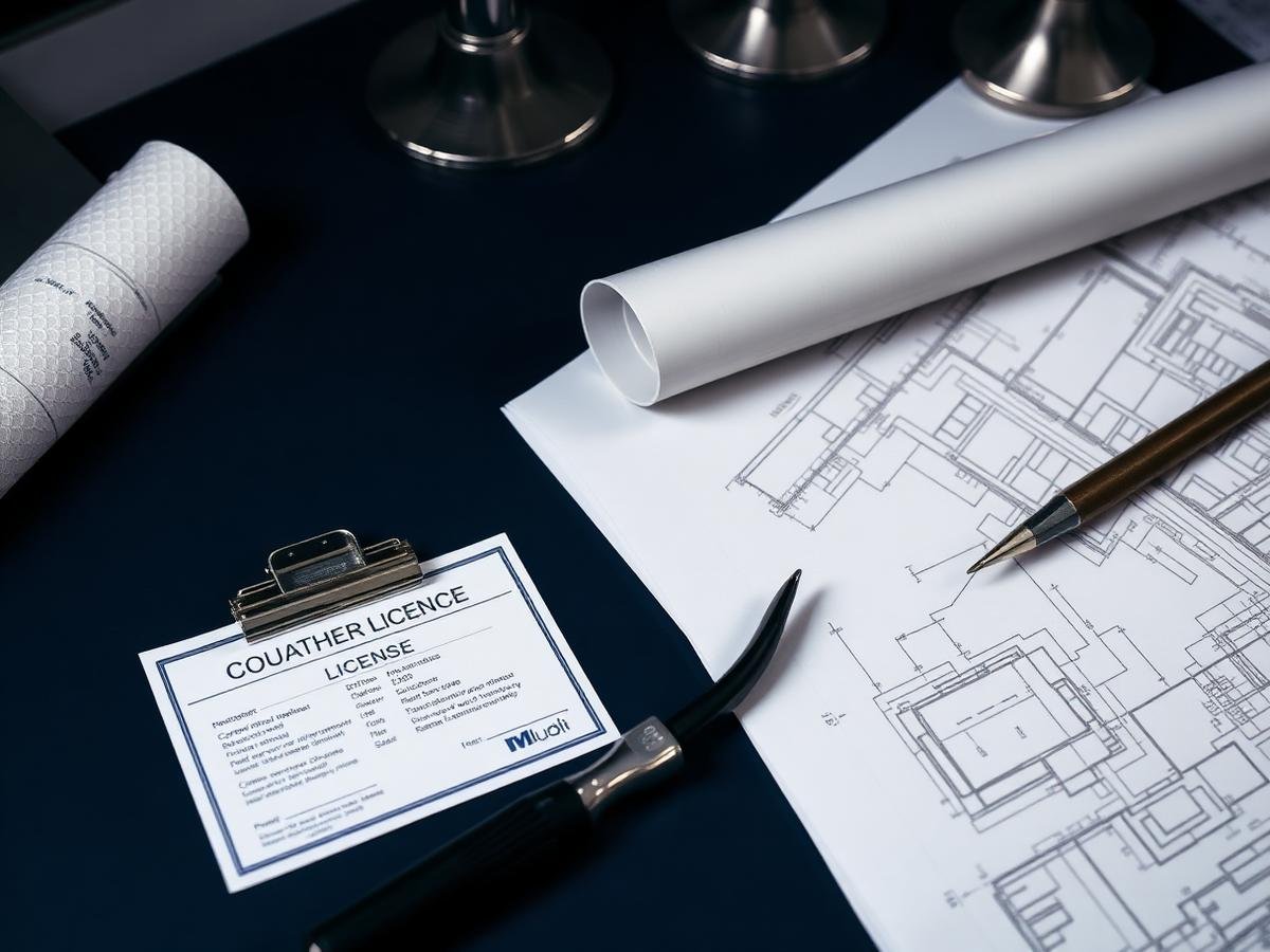 Blueprints, drafting tools and a contractor license document on a desk