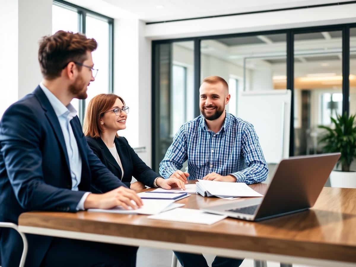 Licensing specialist walking a construction business owner through filing requirements