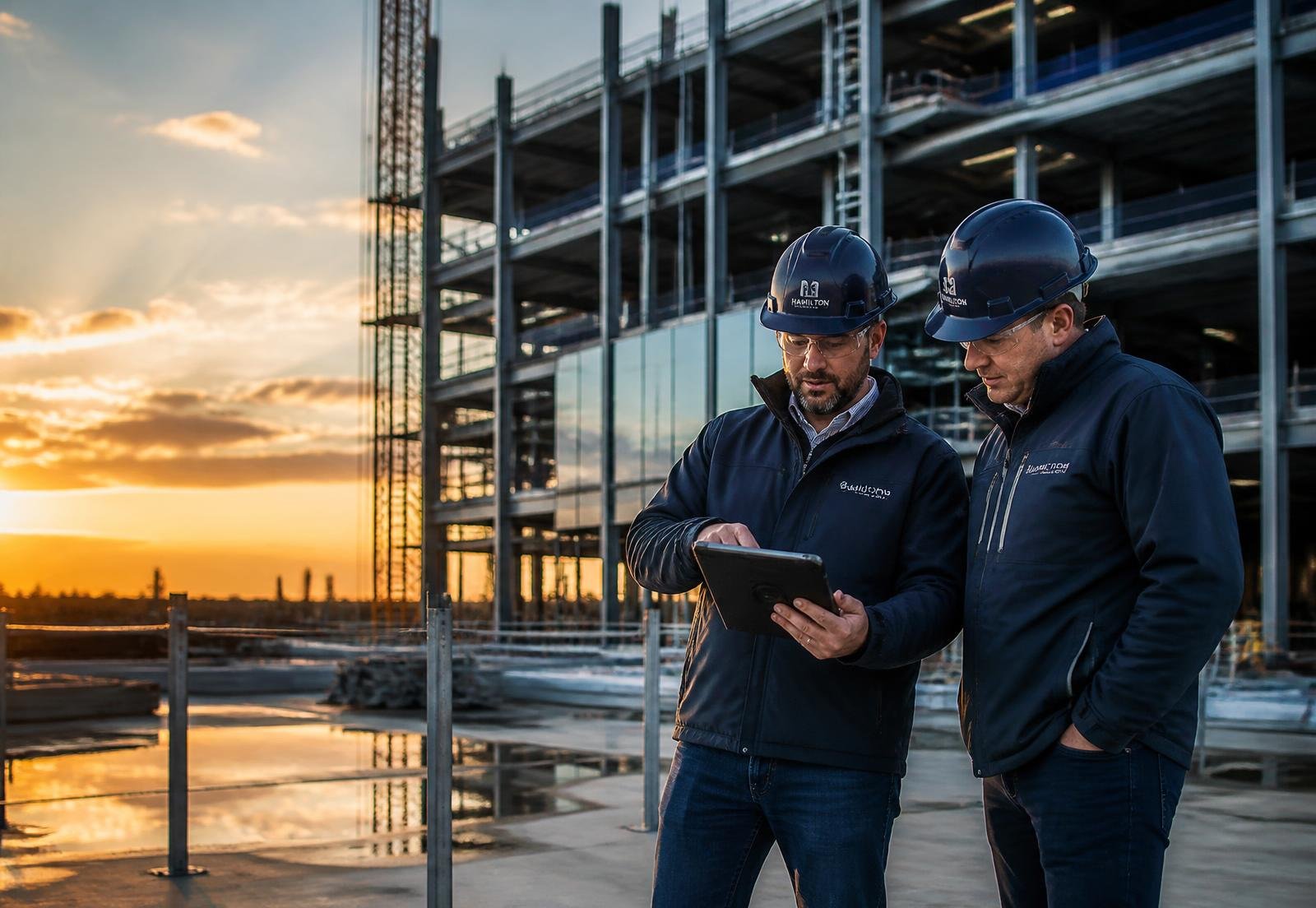 Contractors in navy hardhats reviewing project plans at a commercial construction site