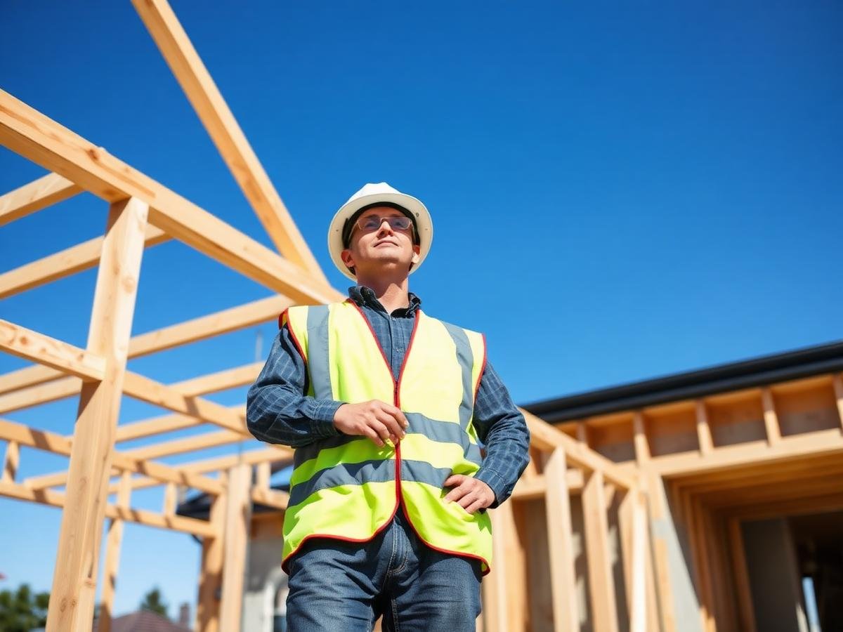 Contractor inspecting the timber framing of a new residential home